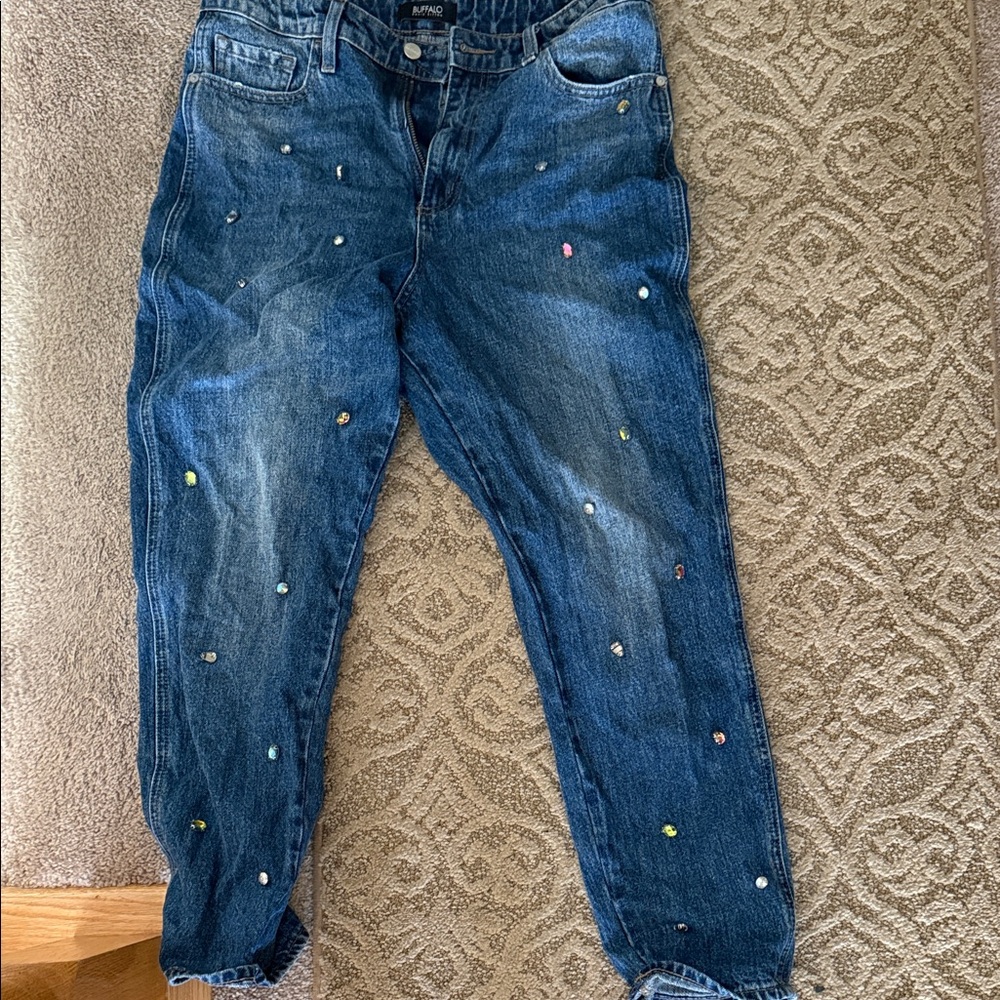Buffalo David Bitton Medium Blue Boyfriend Jeans with Multicolor Bead Accents